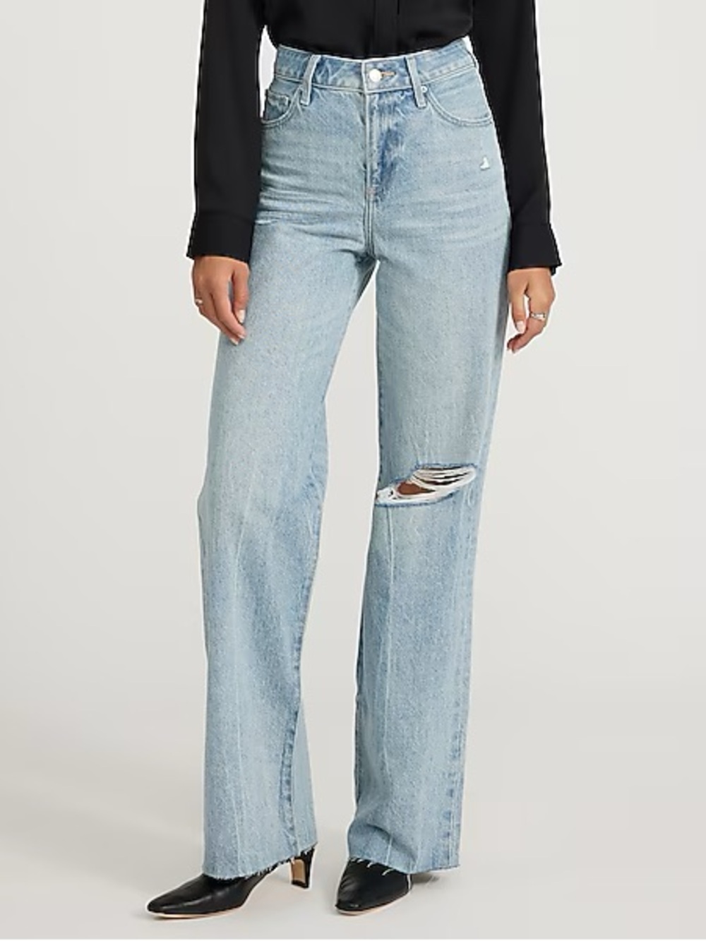 NWOT Express High Waisted Light Wash 50/50 Rigid Stretch Ripped Wide Leg Jeans